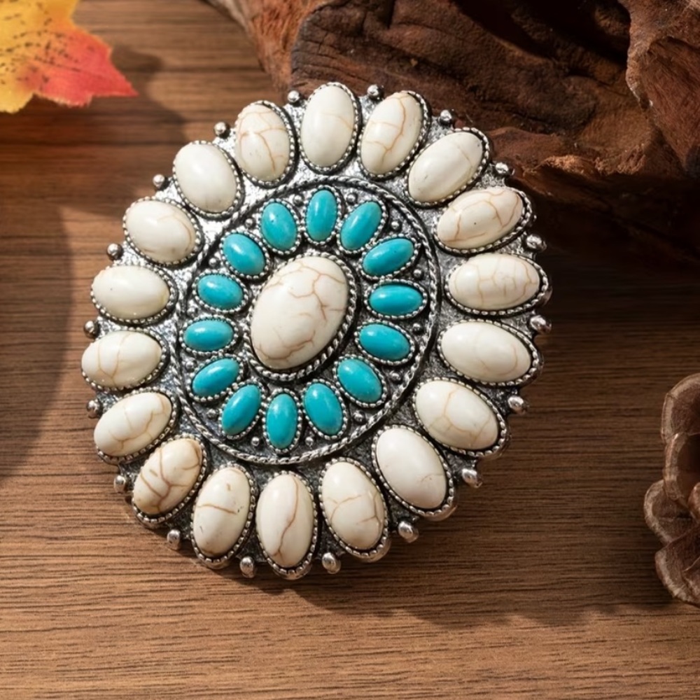 Boho Statement Brooch Turquoise & Cream Colored Zinc Alloy Brooch NEW - Picture 5 of 5